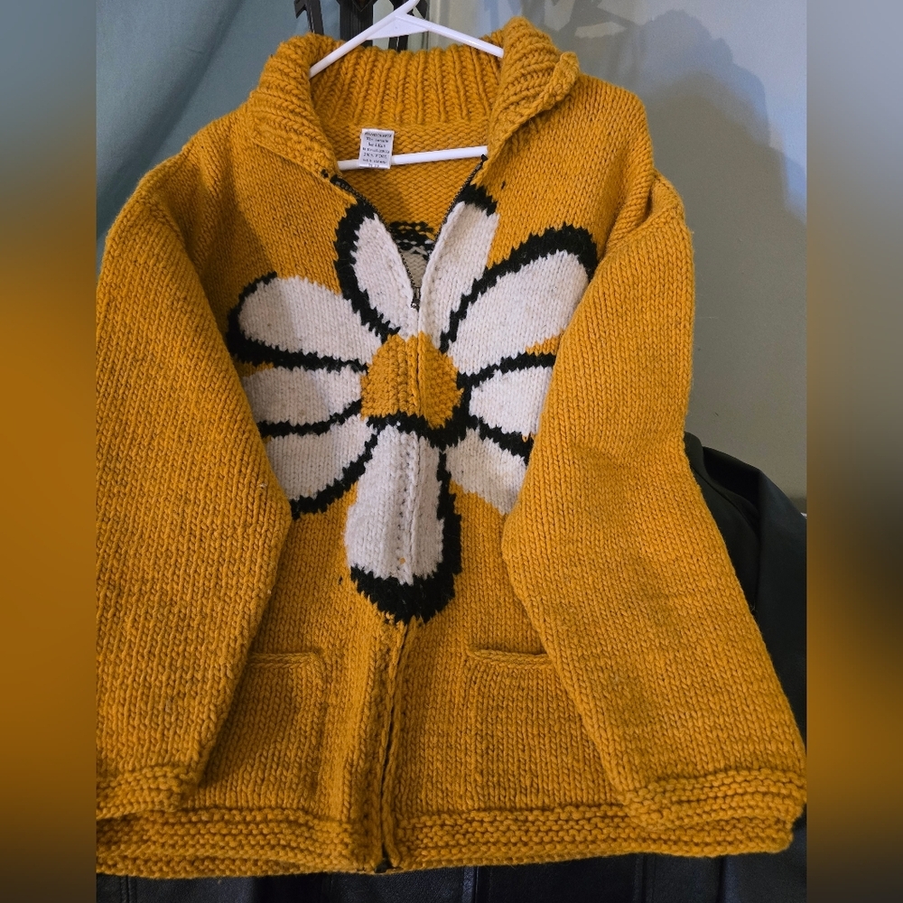 Vintage Yellow And White Cardigan Sweater with Chunky Knit and matching hat